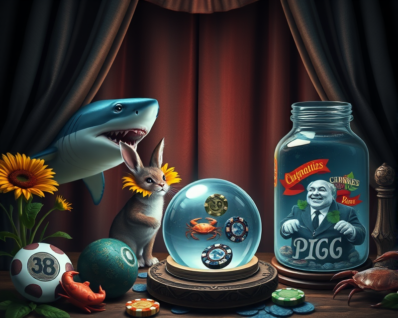 shark, poker chip, bowling ball, panther, bunny, cub, alligator, coffin, curtain, jar, crab, sunflower, crystal ball